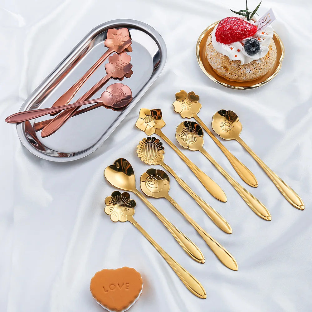 8pcs Stainless Steel Cherry Rose Flower Gold Scoop Coffee Spoon