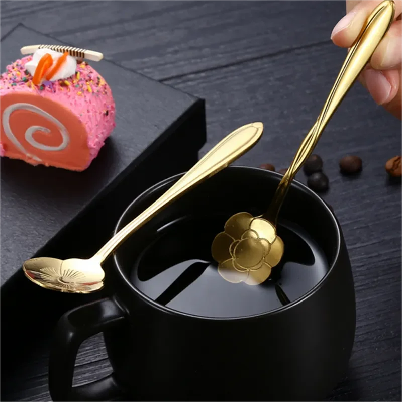 8pcs Stainless Steel Cherry Rose Flower Gold Scoop Coffee Spoon