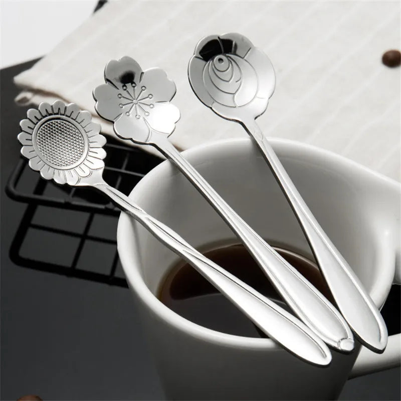 8pcs Stainless Steel Cherry Rose Flower Gold Scoop Coffee Spoon